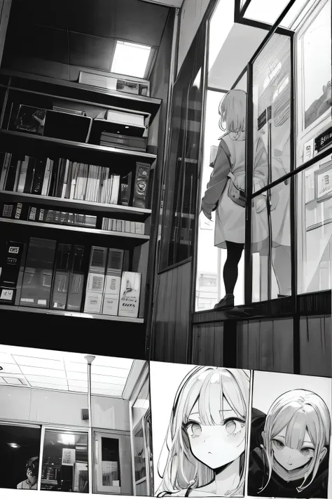 in hanger, a page from a comic with a girl and a tank in the background, walking, black and white manga page, black and white manga panel, black and white manga comic, manga page, manga panels, award winning manga style, black and white manga, manga panel,...