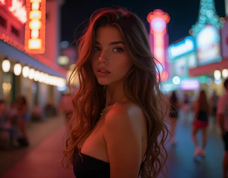 (long range:1.3), (full body:2.0), male gaze, erotic glamour photograph, (erotic pose), (Las Vegas strip scenery:1.5), (Las Vegas strip at night:1.5), street level, intricate background, highly detailed background, ((very detailed)), beautiful girl, age fr...