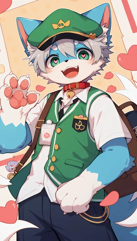  very detailedな, very detailed, blue fur gray hair,,male,骨を見てExcited, heart eyes,participate, red collar, green white and colored hat, cute face, fluffy fur like one,Excited,Horny boy,「paw」「give paw」「shake hands」School,fun,Smiling face,funそうな顔,high school生...