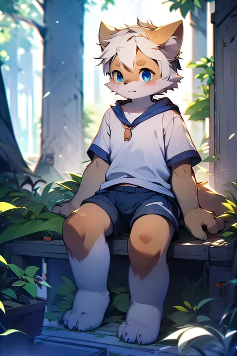 Sitting on wooden stakes in a snowy field，Next to it is a tent， cute male coyote ，boy， gray fur， blue eyes， white hair ， gray ears，， pure white top t-shirt ，Light blue shorts are too long， Bright Smart Eyes ，White ear， emer one ld {x} furry， blue eyes，The ...