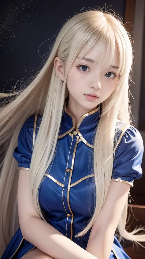  portrait 、 See uniforms 、 bright expression 、poneyTail、like々Shiny white radiant skin 、Great looks、Blonde hair reflects the light、 platinum blonde hair on a bike、 shiny bright hair ,、 Super Long Silky Straight Hair、Shiny, beautiful bangs、 big blue eyes tha...