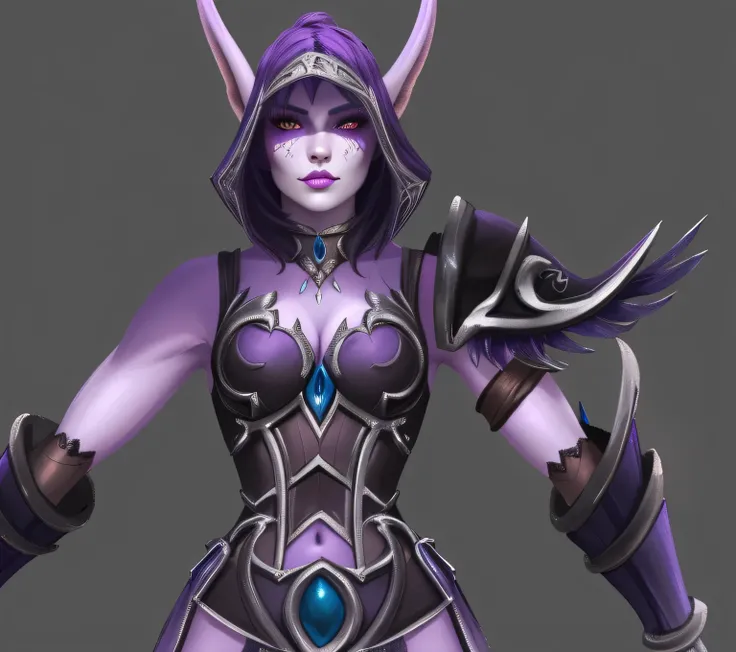 Close-up of a woman in a purple costume ， with horns on her head,  Sylvanas Windwalker , wearing dark Purple Armor, Warcraft Characters, Purple Armor, wow 4k detail fantasy, sleek Purple Armor,  from World of Warcraft ,  Dark Elves,  Dark Elves princess, ,...