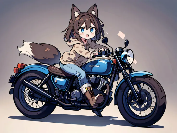 anime style、 fox ears、 brown hair、 woman、 blue eyes 、 double teeth、 beige hoodie、 jeans、 boots、I'm riding a dark blue motorcycle