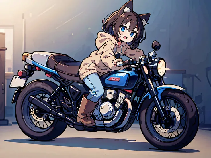 anime style、 fox ears、 brown hair、 woman、 blue eyes 、 double teeth、 beige hoodie、 jeans、 boots、I'm riding a dark blue motorcycle