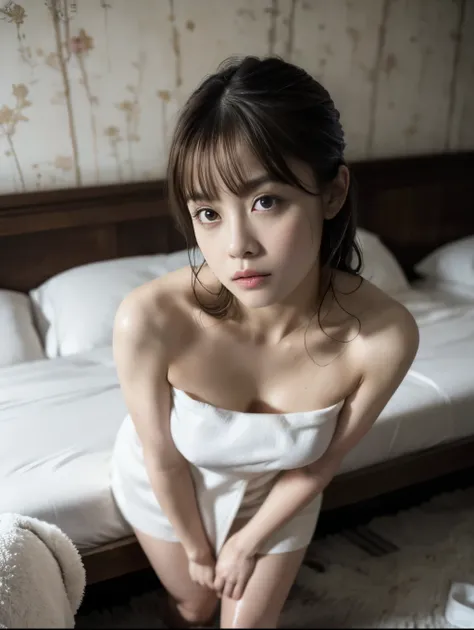 raw photo, 8k, (top-quality), Realistic, (real picture, Intricate details), (natural skin texture, detailed skin, hyper realism, sharpness), (Japanese woman, in a old and deserted hotel at night, dark and narrow room), ((naked towel)), cleavage, ((wet hair...