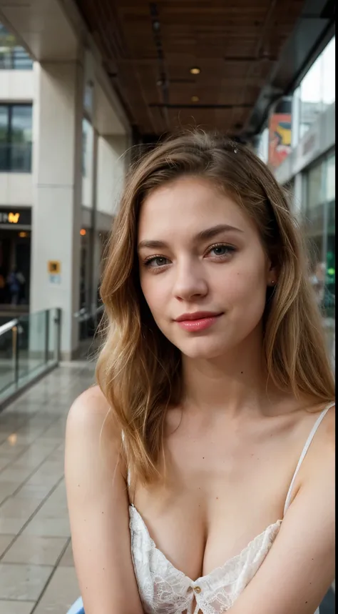 photo of beautiful 21 y.o Kate Mildrew, medium length blonde hair, in mall, blue eyes, smiling, detailed eyes, normal skin without freckles , looking smug, with an air of superiority, check for any errors in the body,
