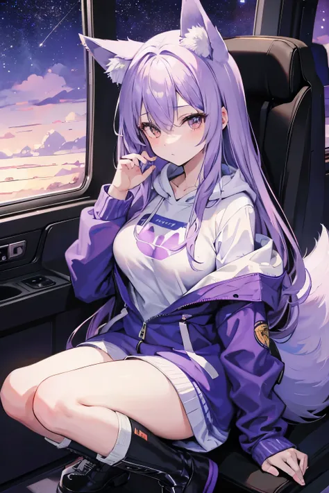   in the seat,  lavender-colored hair , Wolf ears and tail,  brown eyes,   long hair,  starry sky ,  long hoodie,   long boots,   knee-high socks, Big Breasts, （ Masterpiece,  Highest quality and best picture quality）