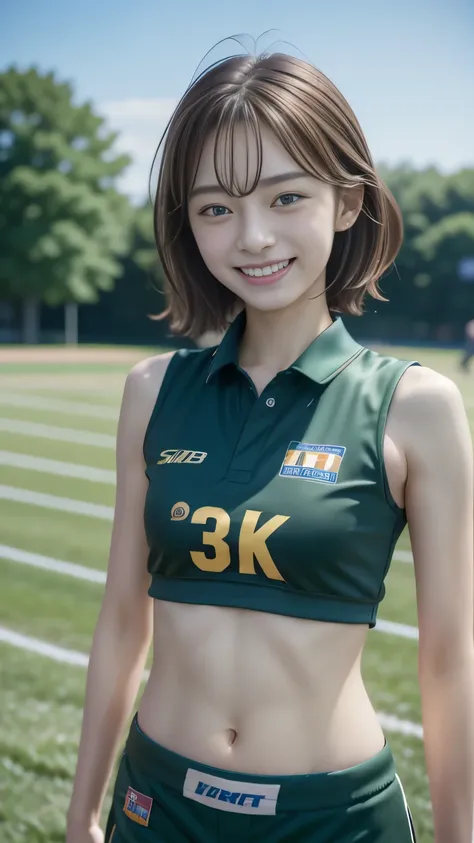  Extremely High Definition CG Unity 8K Wallpaper,  top quality,  Super Detail,  Masterpiece,  is present, photo  is present,  very detailed pretty girl,  18 years old , ( I'm wearing a truck and field uniform), (Race number), smile , belly button, Half Bod...