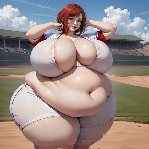 Christina Hendricks, (Christina Hendricks:1.5), masterpiece quality, (masterpiece quality:1.3), detailed, realistic, (realistic:1.3), 1girl, solo, (solo:1.9), 20 years old, at a baseball field, (at a baseball field:1.5), short hair, (short hair:1.5), red h...