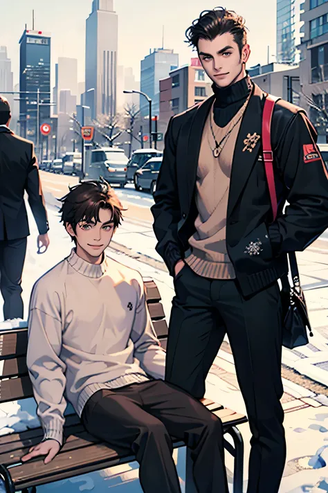 日本人duo　　 handsome　 short dark hair  　　short cropped 　　　male　duo　　Slim figure　　Thick knit　 sweater　　　r long pants 　 sportsman type man　　Background is snow　Just snow 　　　 futuristic city skyscrapers and highways in an upper body composition　　universe 　　　Sit o...