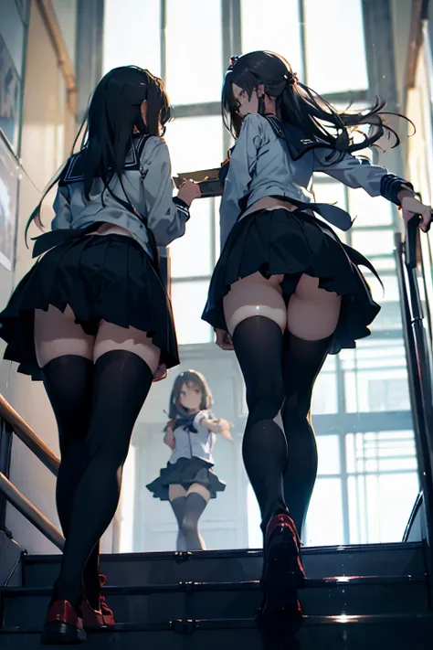 ((master piece)), ((best quality)),
((perfect anatomy)), ((perfect finger)),
((2 girls)),
((straight long hair)),
backlighting,
(from a lower down:1.6),
(the girls are wearing sailor uniform:1.4),
(she wears black tights:1.3),
loafers,
(The girls are climb...