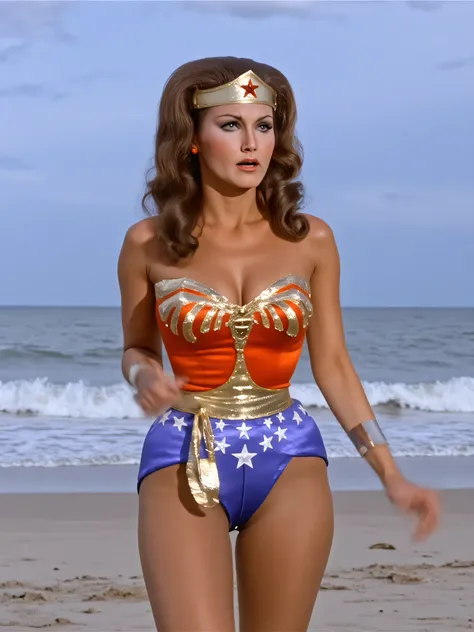 Lynda Carter  as sexy version Wonder Woman, full body photo, standing ravished, orgasm sex , bikini costume, naked body, nudity, thin sexy stomach with perfect bellybutton, bare shimmering legs and feet spread apart, on romantic lonely beach , ((( with eye...