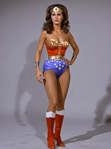 Lynda Carter as Wonder Woman, sexy photoshoot in a blank gray background, full body photo, standing very sexy seductive posing, showing off hot legs and boots, ((( with eyes opened, mouth open, glossy lips )))，with a desperate sexy expression, 