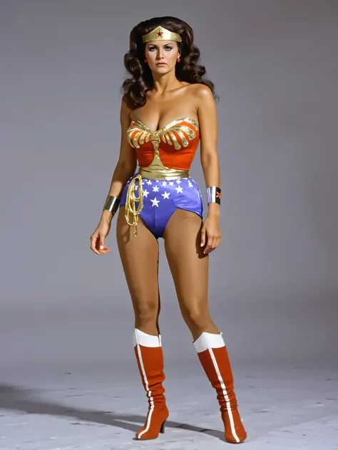 Lynda Carter as Aquanaut Wonder Woman, sexy photoshoot in a blank gray background, full body photo, standing very sexy seductive posing, showing off hot legs and boots, ((( with eyes opened, mouth open, glossy lips )))，with a desperate sexy expression