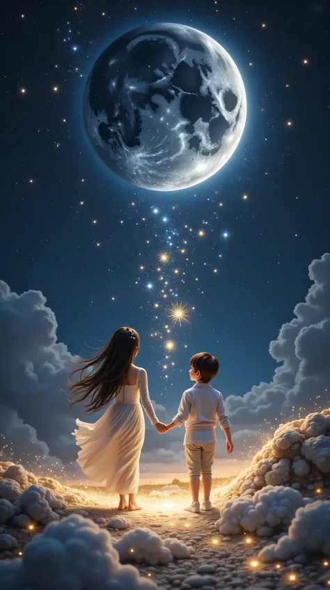 prompt: |
  Under the endless night sky, where time flows like liquid silver, a young girl and a small  stand upon a bridge of moonlight suspended in the heavens. Around them, the cosmic void hums softly, filled with the shimmer of drifting stardust. 

  *...