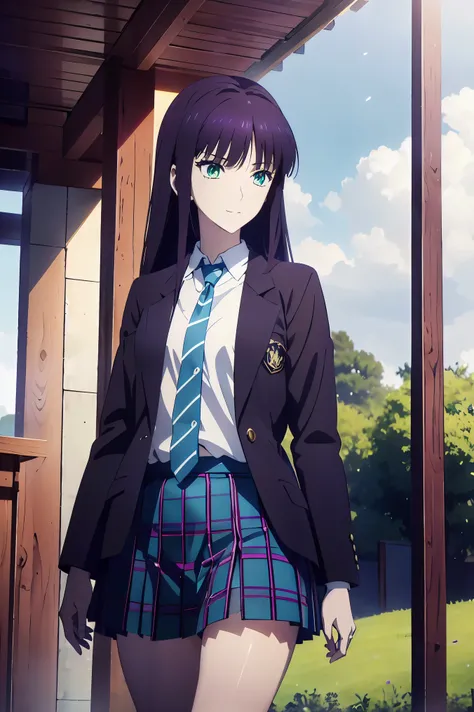  Smile Face,  blazer uniform,赤  purple hair,  Green Eyes ,  eyes like jewels, 超 high resolution, (((  Green Eyes))),赤  purple hair,  beautifulアニメ高校の女の子,( Masterpiece:1.2, 最  high quality ), ( exist, photo exist:1.4),  beautifulイラスト, (  natural light , Movi...