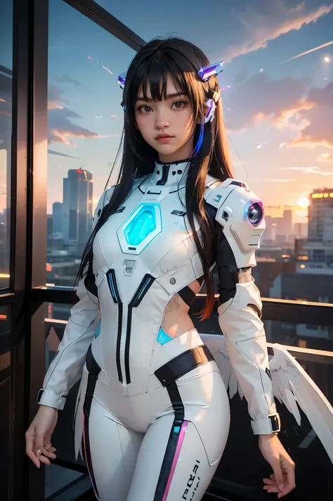 ((masterpiece, best quality, extremely detailed), volumetric lighting, ambient occlusion, colorful, glowing), 
1girl, solo, young girl, (dark hair), long hair, halo, aura, sacred, godness, cyber suit, (random-colored outfit:1.3), android, bot, cybernetic w...