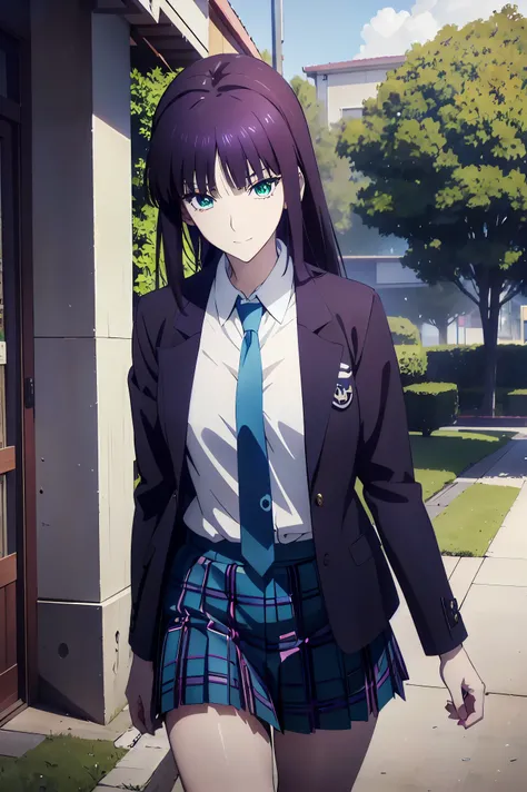  Smile Face,  blazer uniform,赤  purple hair,  Green Eyes ,  eyes like jewels, 超 high resolution, (((  Green Eyes))),赤  purple hair,  beautifulアニメ高校の女の子,( Masterpiece:1.2, 最  high quality ), ( exist, photo exist:1.4),  beautifulイラスト, (  natural light , Movi...