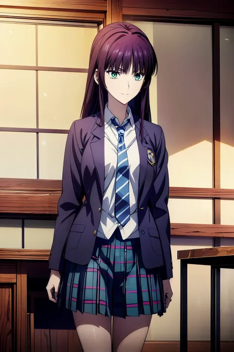  Smile Face,  blazer uniform,赤  purple hair,  Green Eyes ,  eyes like jewels, 超 high resolution, (((  Green Eyes))),赤  purple hair,  beautifulアニメ高校の女の子,( Masterpiece:1.2, 最  high quality ), ( exist, photo exist:1.4),  beautifulイラスト, (  natural light , Movi...