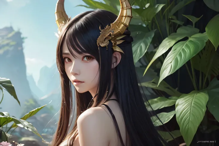 Long haired anime girl with dragon head and plants, The J , Trending on Pixiv,  fantasy art,  Dragon Girl , the  Dragon Girl  portrait,  Krenz Coushart and Wenjun Lin,  Detailed Anime Art work,  Detailed Anime Art ,  Anime Fantasy Illustrations ,  detailed...