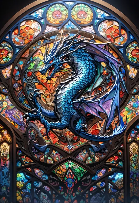  framed picture of a colorful dragon on a table,  Stained Glassアート, dragon art,  colorful detailed art,  Colorful Glass Art ,  Stained Glass風,  8K high quality detailed art, intricate stained glass , 4k detailed art,  art that is too detailed,  fire stain ...