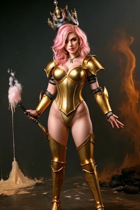  Beauty , 25 years old,  masterclass in fantasy mode , dream, blondes,  paint explosion in the background, HD, masterclass ,  masterpiece,  Gold and silver armor ,  steampunk ,  pink hair, ,  full height, whole body, 