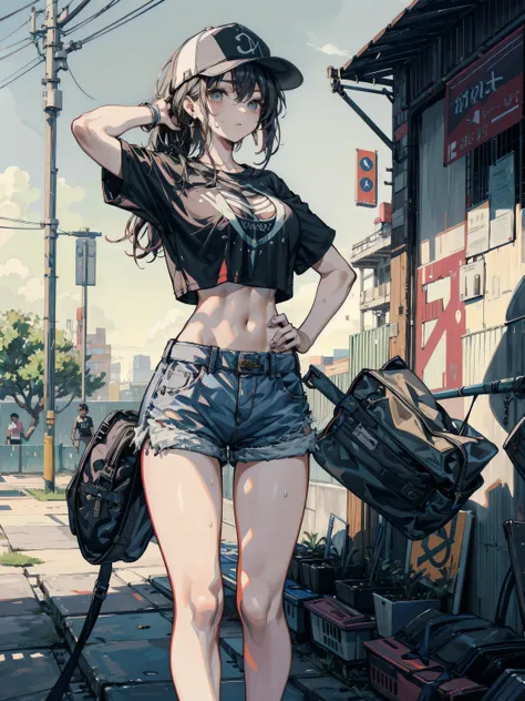 perfect anatomy, correct body, perfect figure, Perfect Style, Perfect balance, ideal ratio body proportions, earring, narrow waist, black hair, large breasts, sweat, outdoor, cowboy shot, baseball cap, black T-shirt, crop top, shorts,