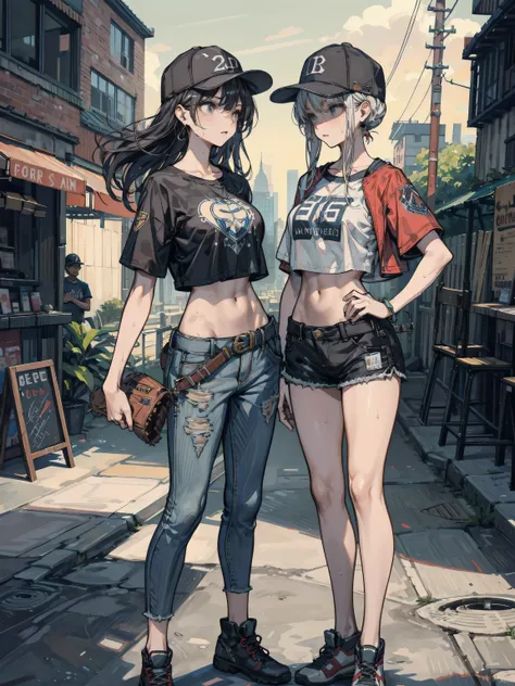 perfect anatomy, correct body, perfect figure, Perfect Style, Perfect balance, ideal ratio body proportions, earring, narrow waist, black hair, large breasts, sweat, outdoor, cowboy shot, baseball cap, black T-shirt, crop top, shorts,