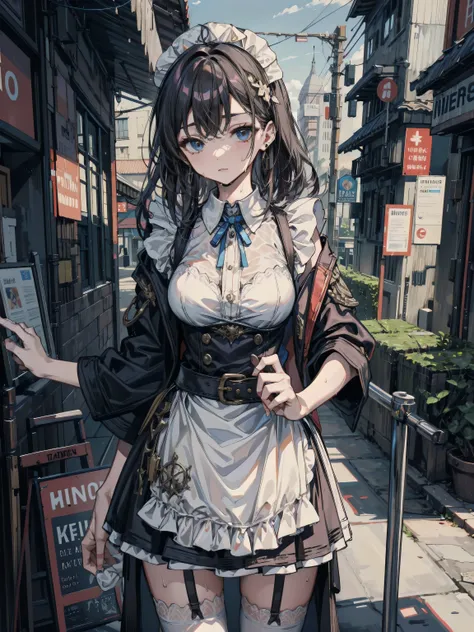 perfect anatomy, correct body, perfect figure, Perfect Style, Perfect balance, ideal ratio body proportions, earring, narrow waist, black hair, large breasts, sweat, outdoor, cowboy shot, maid headdress, maid apron, mini skirt, garter belt, white shirt,