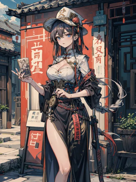 perfect anatomy, correct body, perfect figure, Perfect Style, Perfect balance, ideal ratio body proportions, earring, narrow waist, black hair, large breasts, sweat, outdoor, cowboy shot, dress, braid, chinese clothes, headwear, ofuda, jiangshi, qing guanm...