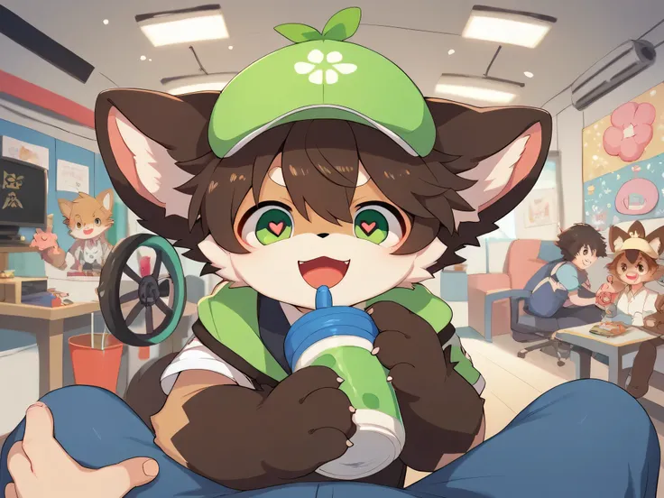    very detailedな, very detailed,brown fur boy,Boy with dark brown hair  ,骨を見て  was excited, heart eyes,participate, green,white, and a multicolored hat  ,   cute face,  sitting indoors in POV!, Akai's first wheel, black ear  ,   like fluffy fur,  was exci...