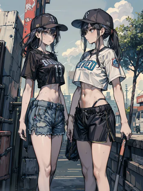 perfect anatomy, correct body, perfect figure, Perfect Style, Perfect balance, ideal ratio body proportions, earring, narrow waist, black hair, large breasts, sweat, outdoor, cowboy shot, baseball cap, black T-shirt, crop top, shorts,