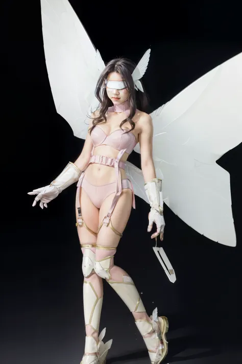 best quality, intricate details,
1girl,  Angewomon, winged helmet, helmet over eyes, helmet on, covered eyes,white multiple wings, white wings, pink hagoromo, single glove, strapless,white bodysuit, gold strapless bra, black belt, two belts, collabrone, ba...