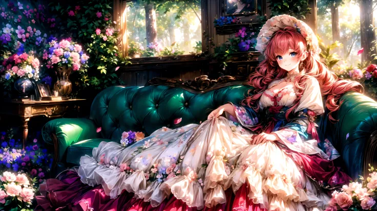 Lady, Curly Hair, ponytail, floral crinoline hoop skirt, (( Red Petticoat Dress )), big breasts, hyper detailed beautiful eyes, bonnet, Fluffy, pink hair, bangs, ((smile)), (( light particles)), Retro, forest, (((nature))), ( in the woods ), (((A decaye...