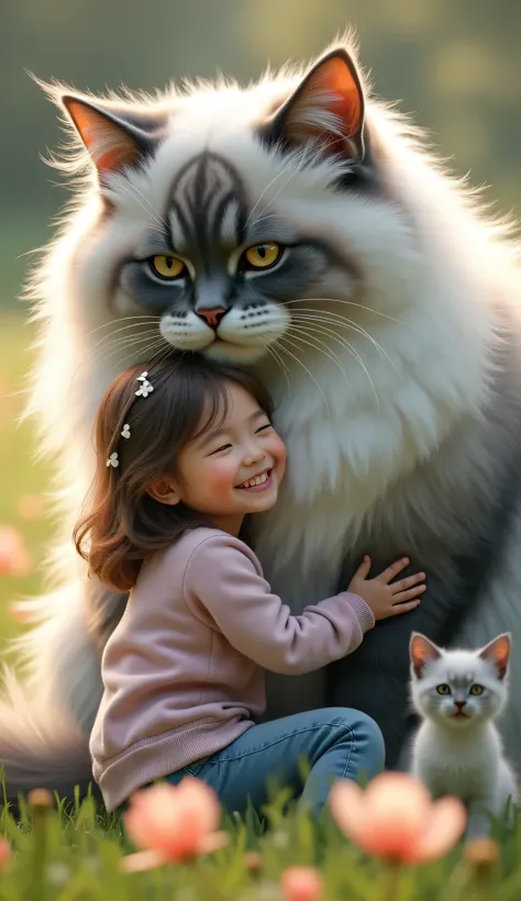 
"A stunning, realistic 4K image of a  warmly embracing a giant, fluffy cat with mesmerizing fur patterns in shades of white, gray, and black. The cat, much larger than the girl, has piercing, expressive eyes and soft, well-groomed fur that looks incredibl...