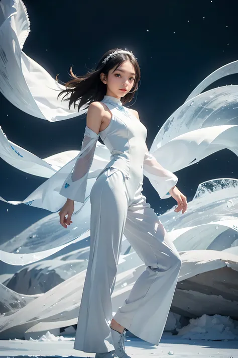 A petite and elegant woman in white suit with a calm, confident demeanor, standing approximately 5'2". She has shoulder-length black hair that flows gently around her face, almond-shaped eyes, and a soft, radiant complexion. She wears a sleek combat outfit...