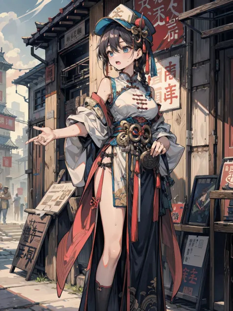 perfect anatomy, correct body, perfect figure, Perfect Style, earring, narrow waist, black hair, large breasts, sweat, outdoor, cowboy shot, dress, braid, chinese clothes, headwear, ofuda, jiangshi, qing guanmao,