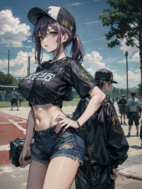 perfect anatomy, correct body, perfect figure, Perfect Style, earring, narrow waist, black hair, large breasts, sweat, outdoor, cowboy shot, baseball cap, black T-shirt, crop top, shorts,
