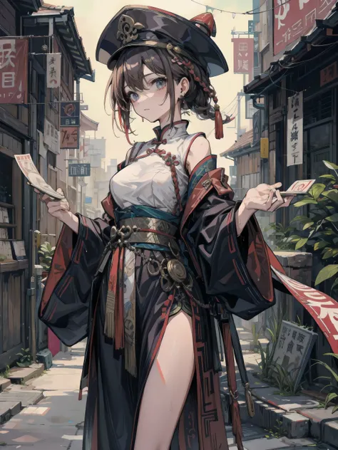 perfect anatomy, correct body, earring, narrow waist, black hair, large breasts, sweat, outdoor, cowboy shot, dress, braid, chinese clothes, headwear, ofuda, jiangshi, qing guanmao,