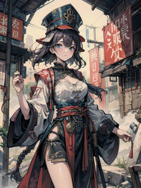 perfect anatomy, correct body, earring, narrow waist, black hair, large breasts, sweat, outdoor, cowboy shot, dress, braid, chinese clothes, headwear, ofuda, jiangshi, qing guanmao,