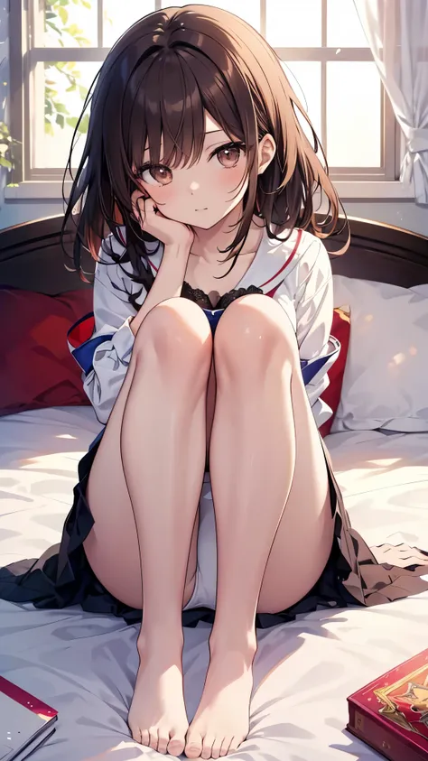 Anime girl sitting on bed with legs crossed, nothing、​masterpiece、Chizuru Ichinose、 brown hair、I、For women、sunlight、  angle 、Colorful underwear pattern、 Sensation  、 detailed eyes 、（（ brown eyes））,Beautiful perfect legs,