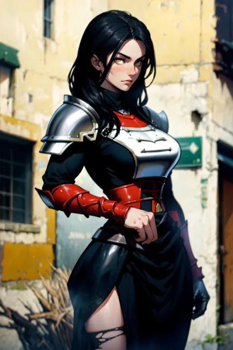 medieval villa (armor broken armor worn armor chipped armor torn armor broken armor) solo girl black hair yellow eyes pale skin huge muscles large breasts thick