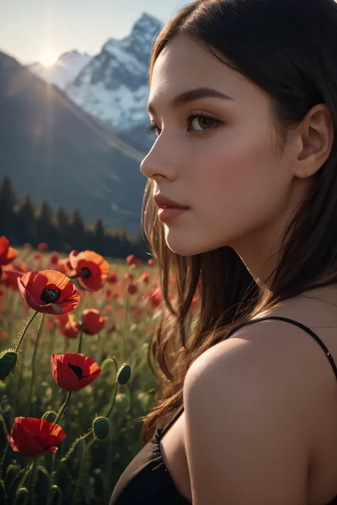 A beautiful girl in a wreath of red poppies, detailed portrait of her face, indigenous people in traditional clothing, snow-capped mountains in the background, bright sun shining in the sky, lush green vegetation, picturesque south american landscape, (bes...