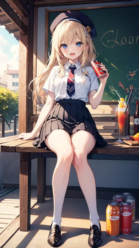  sitting on the bench、Anime girl holding a soda in her hand ( Masterpiece, Highest_quality),  Extremely High Definition CG Unity 8K Wallpaper,  super detailed illustration, (Anime_ style),   pictures,  sitting has a smiling face, small open mouth ,  long h...