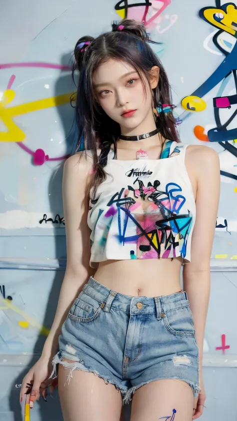 Best quality at best, Original, masterpiece, best quality, 1girl, sweet girl, solo, crop top, denim shorts, choker, (graffiti:1.5), paint splatter, arms behind back, against wall, looking at viewer, armband, thigh strap, paint on body, head tilt, bored, mu...