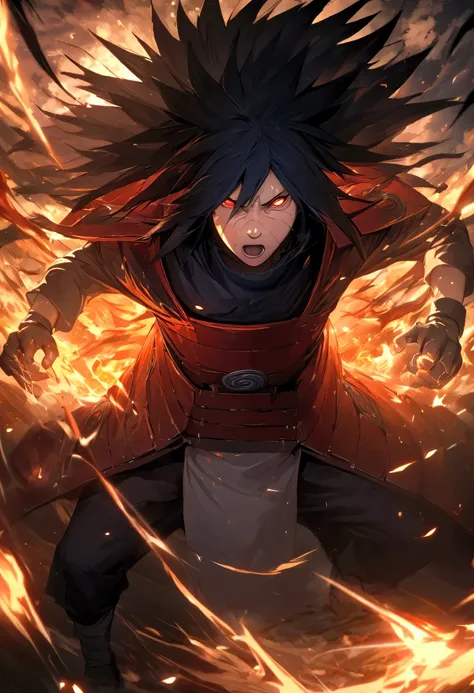   high quality,  lights,   absurd,   High resolution,  extremely detailed, HDR,   masterpiece,  fight scene, Extremely detailed face and eyes, Uchiha Madara,  Naruto  , high performance 