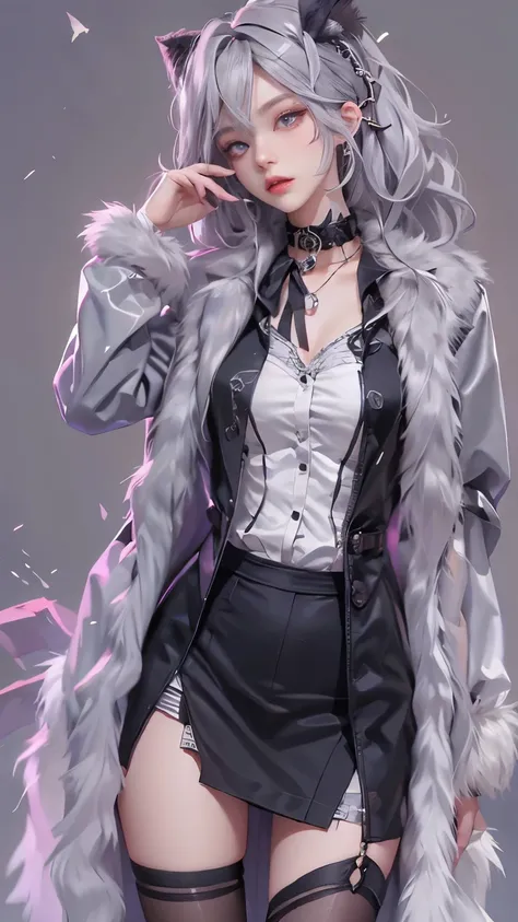  realistic,  high resolution,  female 1 person,  alone, Lift your hips,Lolita Outfit ，  beautiful eyes, Gray Hair, Eye socket ,  collar shirt,Tuxedo, black skirt,  pencil skirt,  fur coat