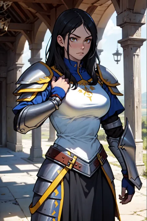 medieval villa (((all black armor armor broken armor worn armor chipped armor torn armor broken armor))) solo girl black hair yellow eyes pale skin huge muscles large breasts thick