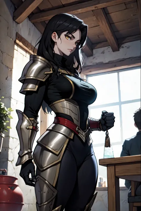 medieval villa (((all black armor))) solo girl black hair yellow eyes pale skin huge muscles large breasts thick