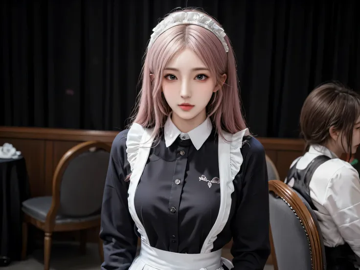 Maid, ชุดMaidสไตล์ยุโรป, Black and white dress ,  Pink Hair, Brightly colored hair,  pink eye,  Curl the back, The hair on the back releases very long freedom., Forehead, hair, bangs, Shy,  Maid Headband, Hairstyle in front of the left bangs, On the back, ...